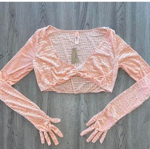 SKIMS LONG SLEEVE LOGO VELVET / VELOUR GLOVED TOP